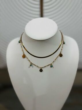 Gold Layered Choker Necklace with Turquoise and Coin Charms